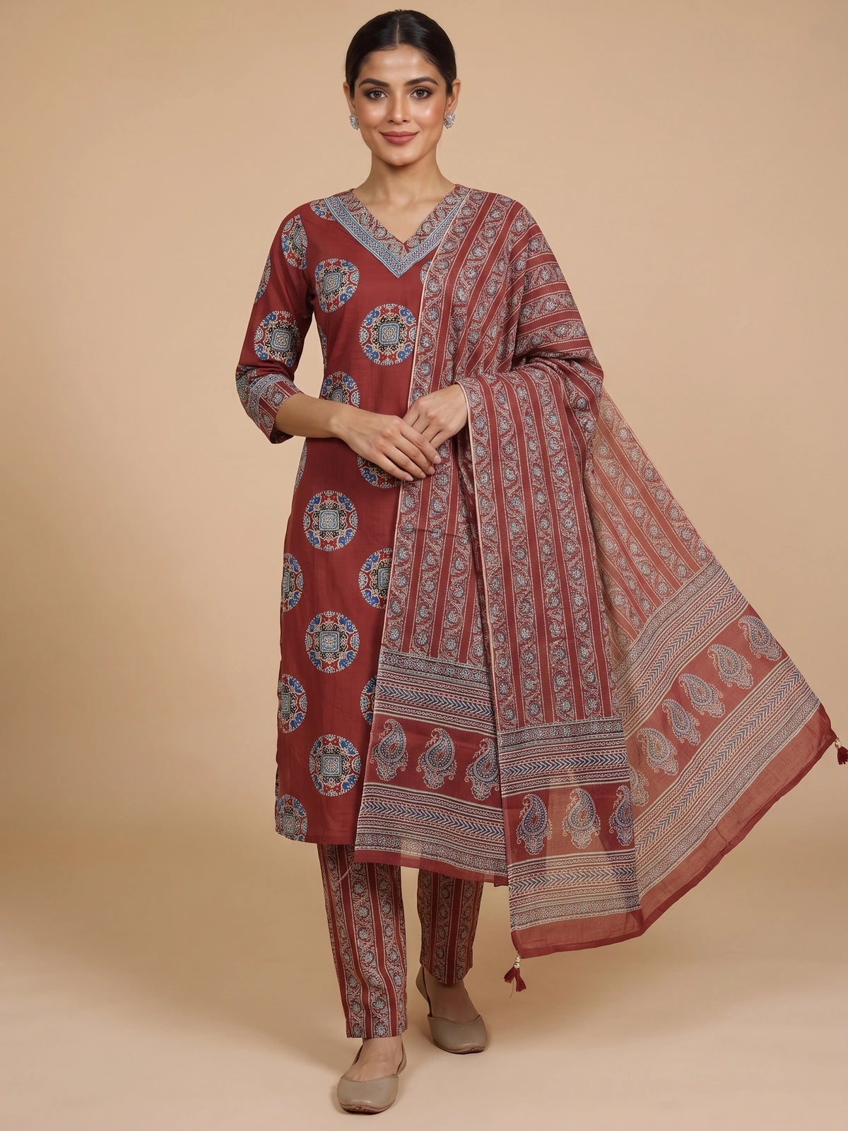Maroon Ajrakh print cotton kurti set with blue medallion motifs, matching straight pants and printed dupatta