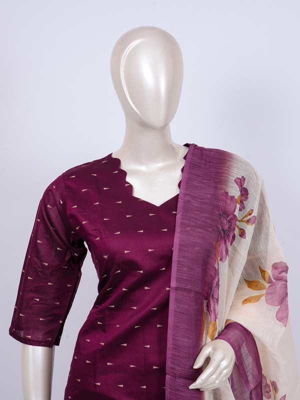 Purple zari butti kurti set with floral cream dupatta and beige straight pants