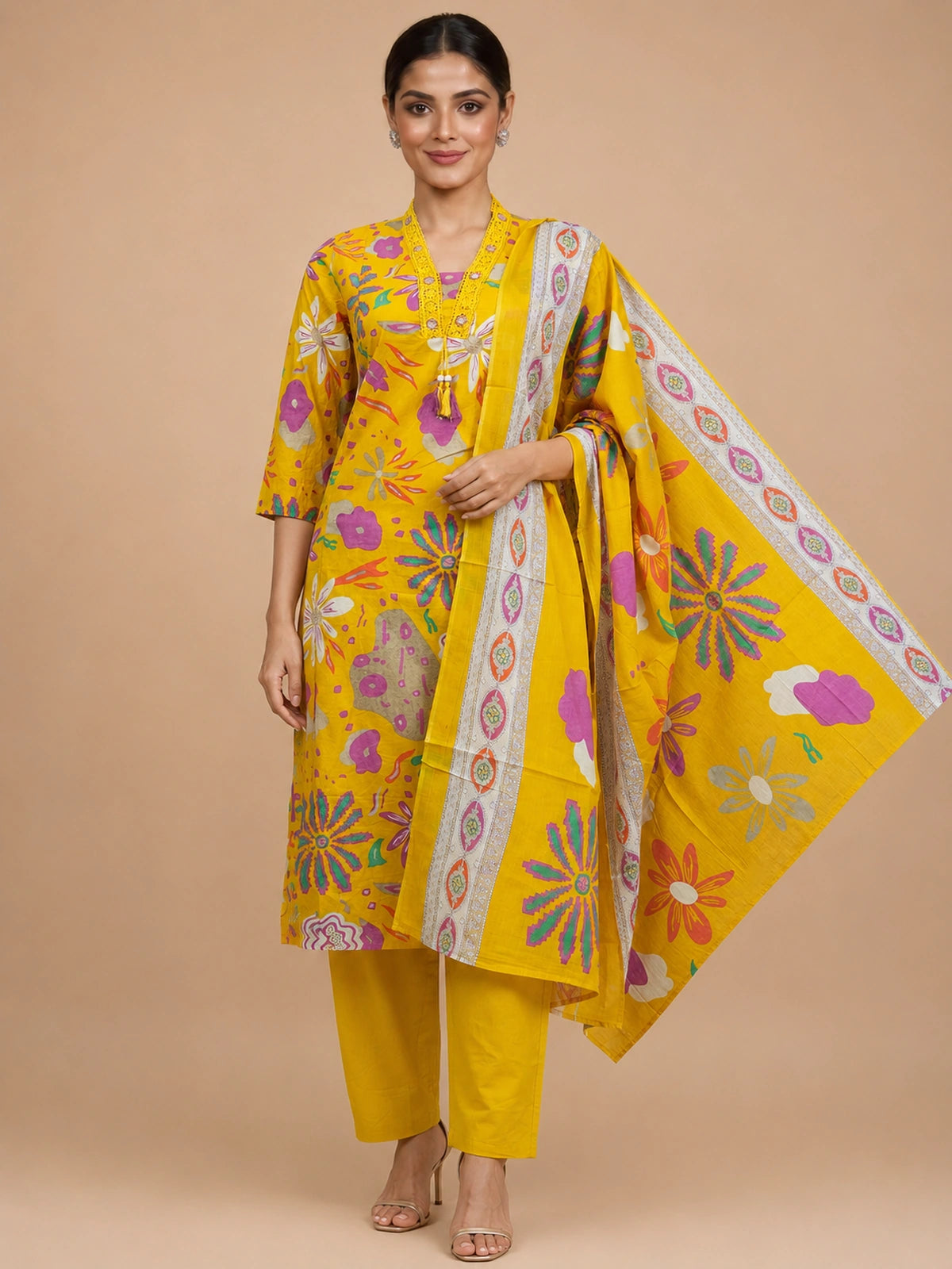 Yellow floral printed cotton kurti set with matching pants and printed dupatta
