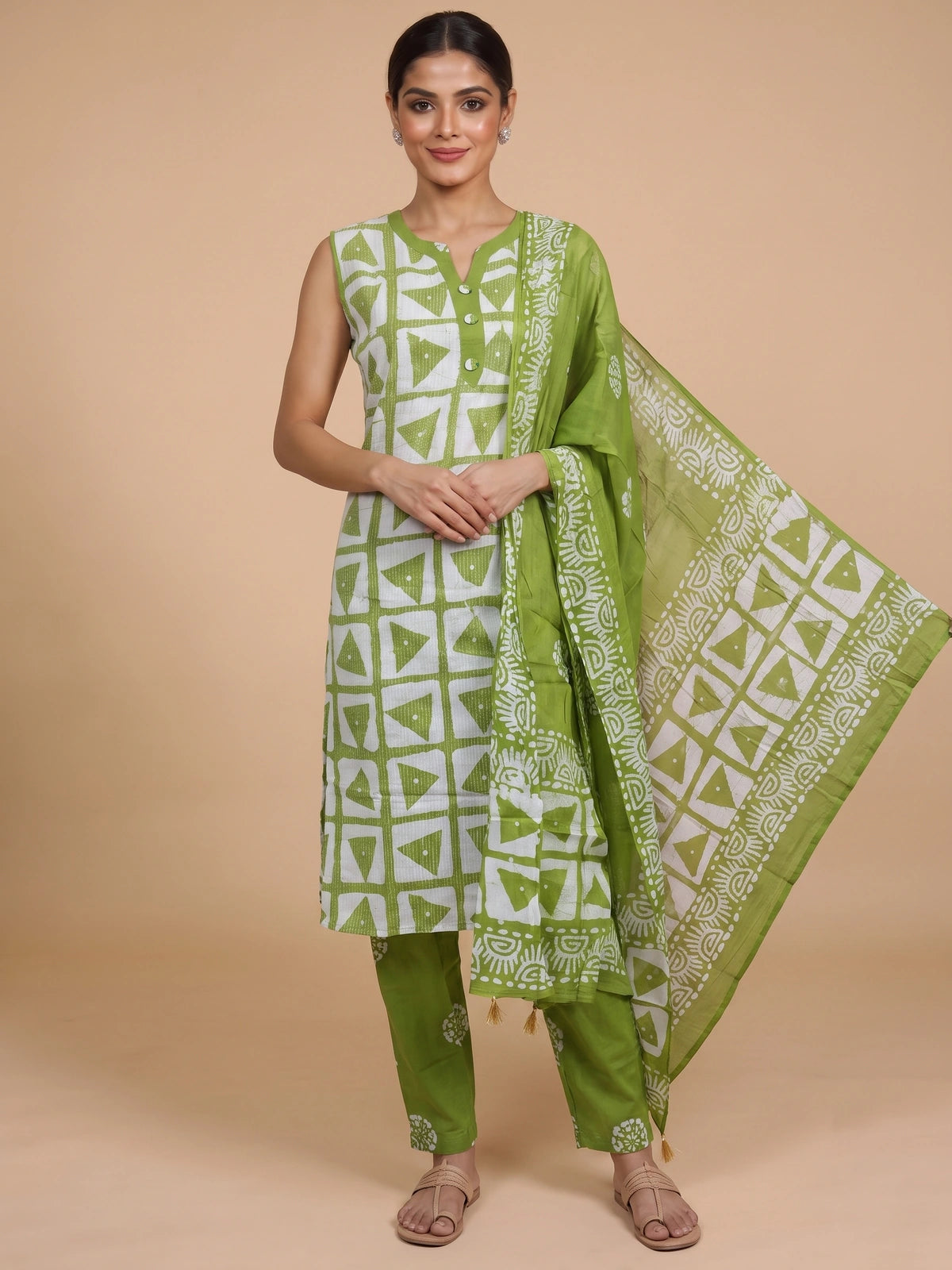 Green and white batik print cotton kurti set with straight pants and printed dupatta