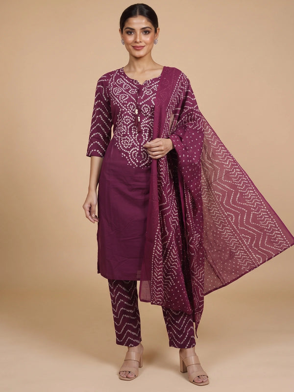 Wine and off-white Bandhani print cotton kurti set with matching pants and sheer dupatta