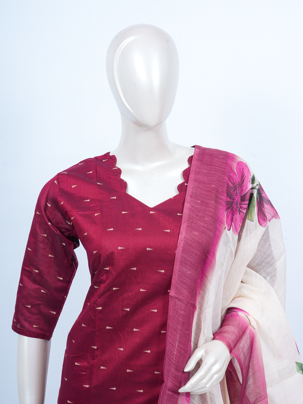 Magenta zari buti kurti set with beige pants and cream floral printed dupatta