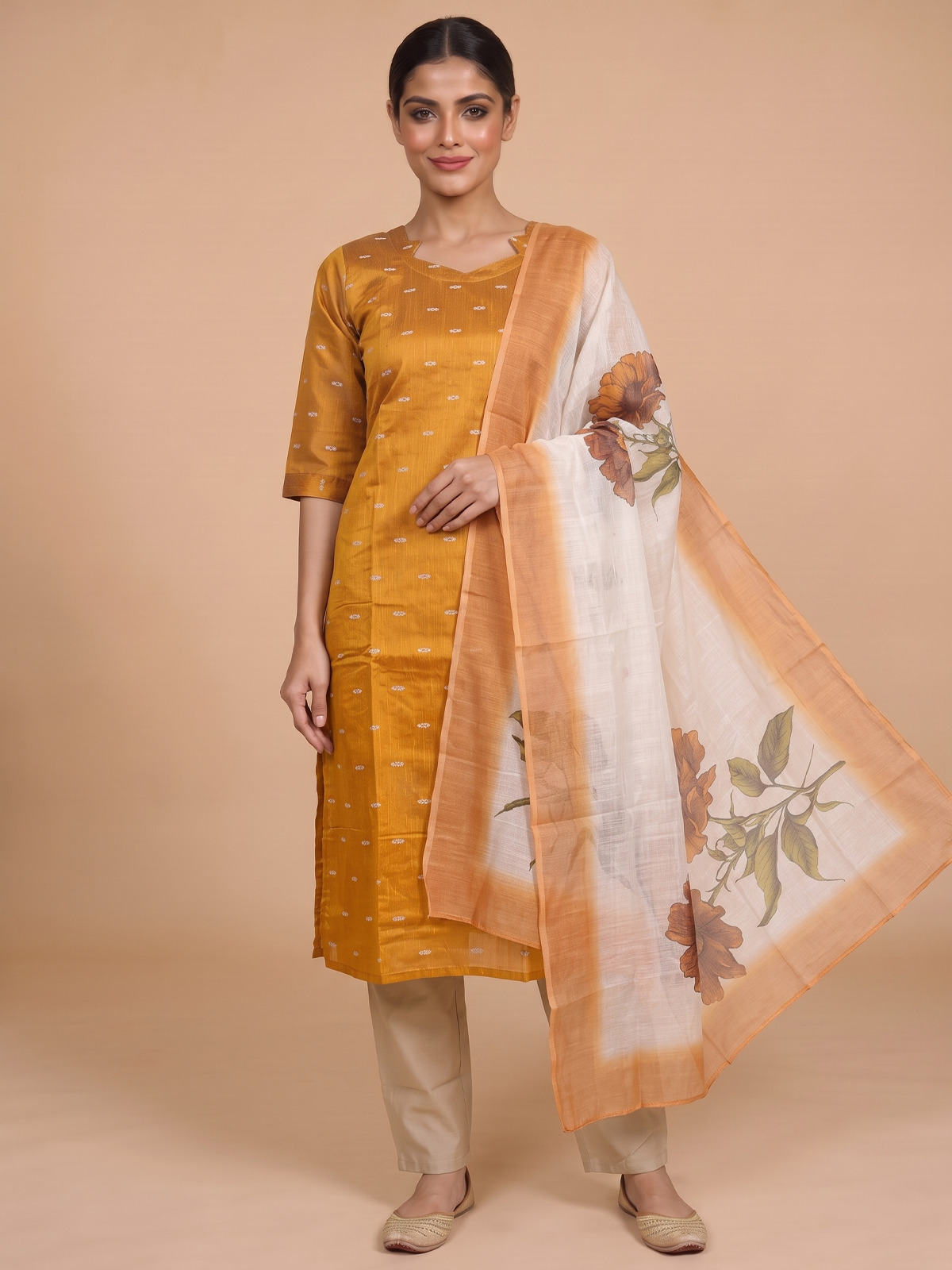 Mustard woven kurti set with beige pants and cream floral-print dupatta