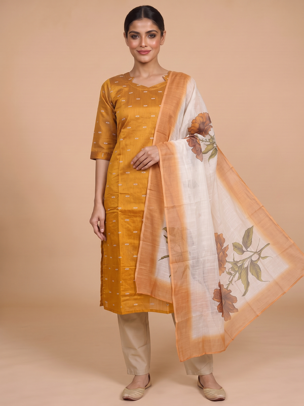 Mustard woven kurti set with beige pants and cream floral-print dupatta