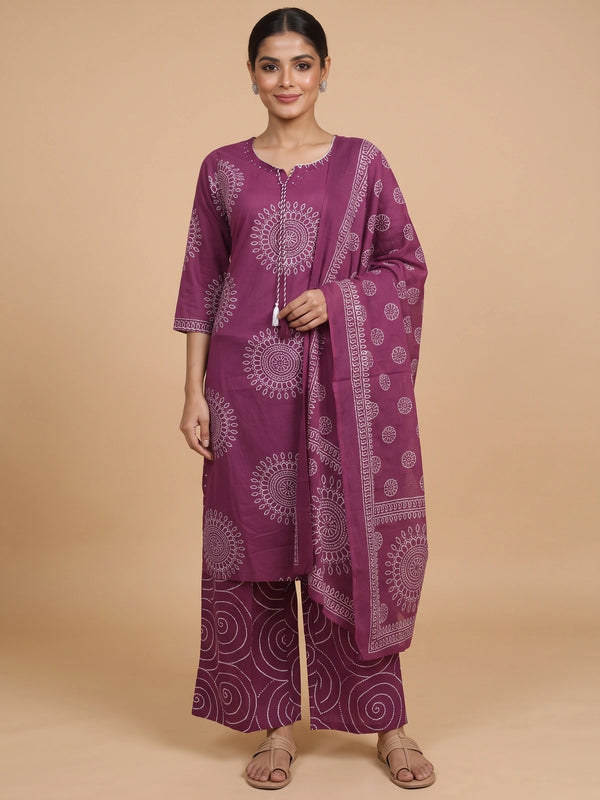 Magenta and white bandhani print cotton kurti set with straight palazzo pants and printed dupatta