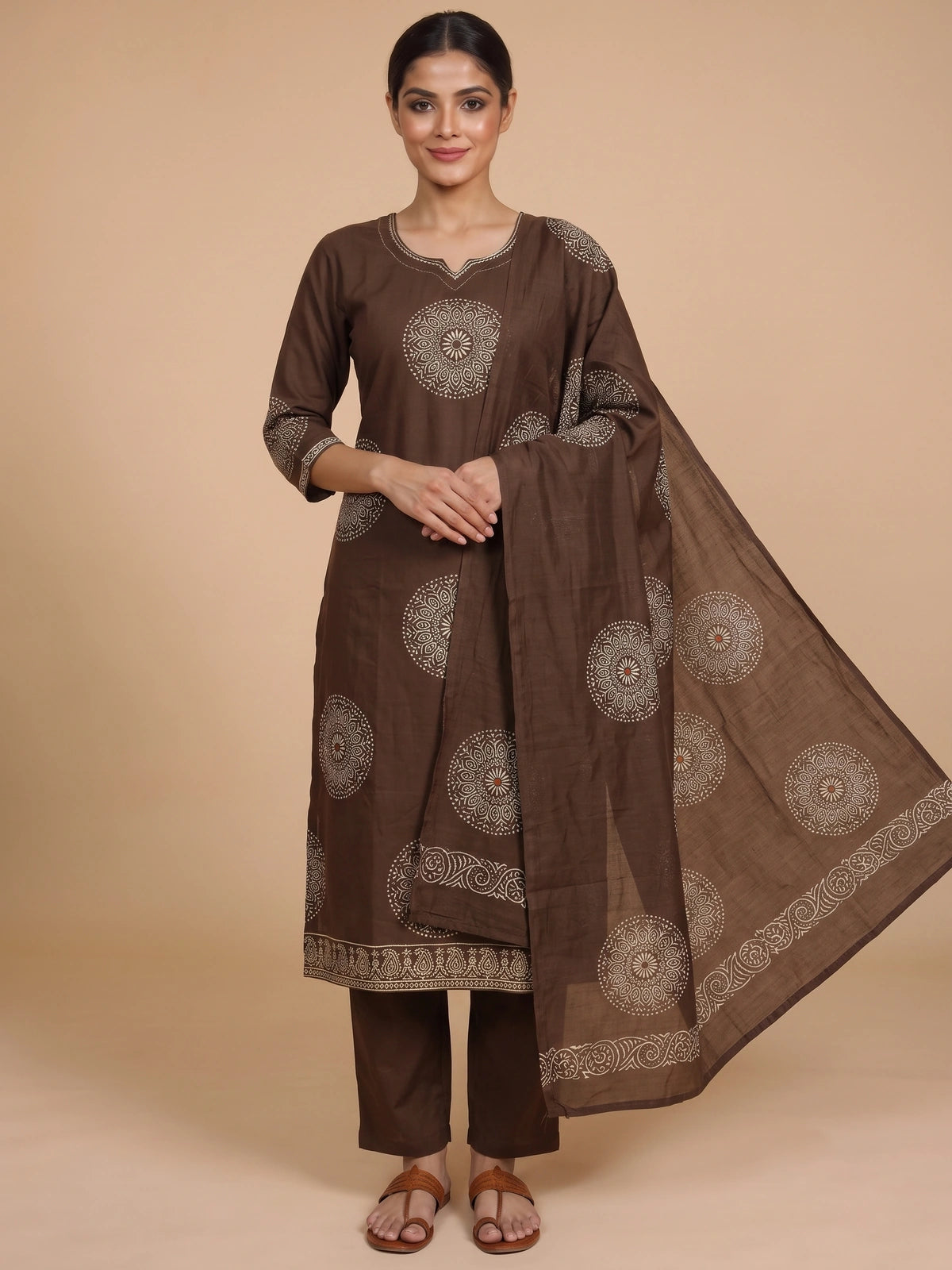 Brown block print cotton kurti set with cream mandala motifs and matching dupatta