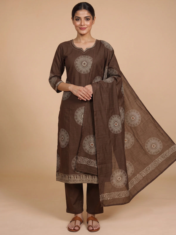 Brown block print cotton kurti set with cream mandala motifs and matching dupatta