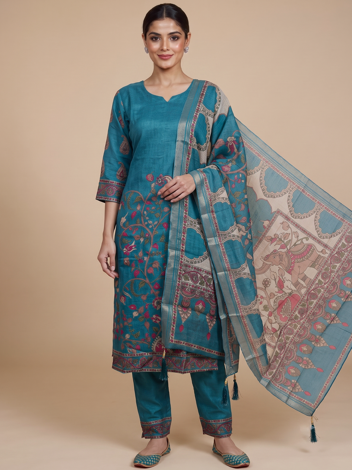Teal blue Kalamkari print art silk kurti set with matching pants and printed dupatta