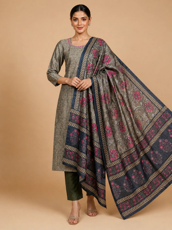 Grey art silk kurti set with embroidered neckline and pink floral printed dupatta