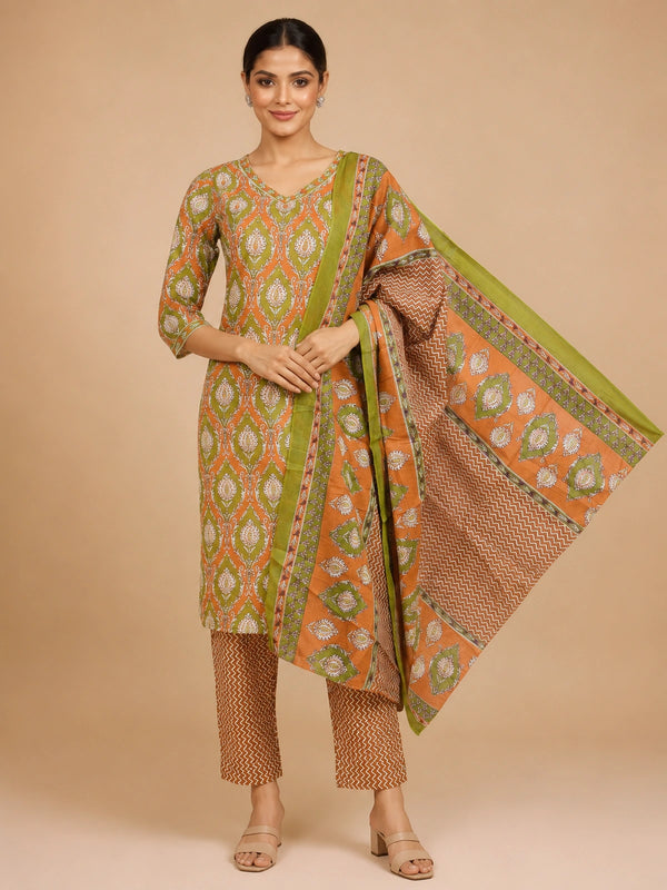 Orange and green printed cotton kurti set with straight pants and contrast green border dupatta