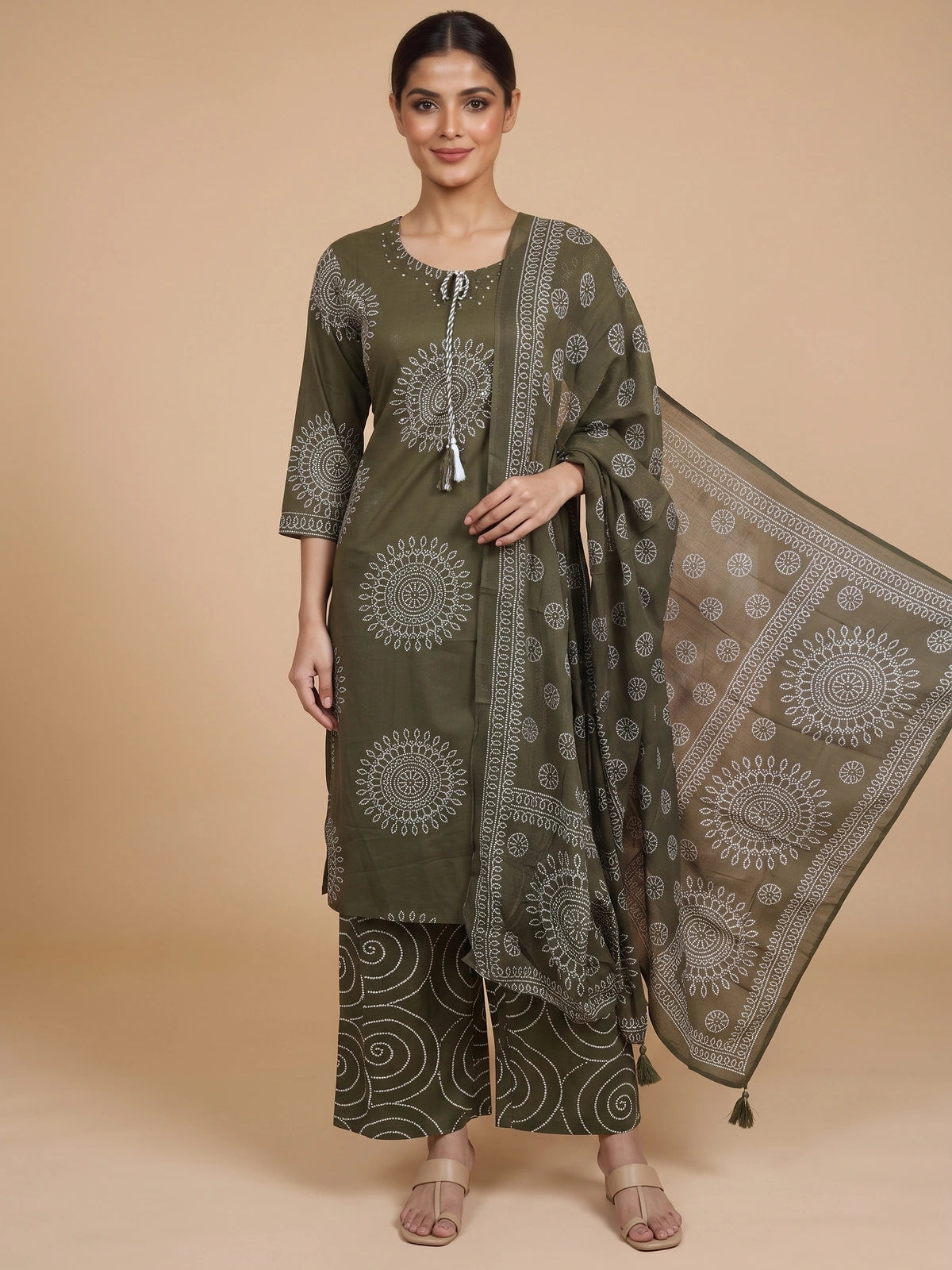 Olive green bandhani print cotton kurti set with matching palazzo pants and printed dupatta