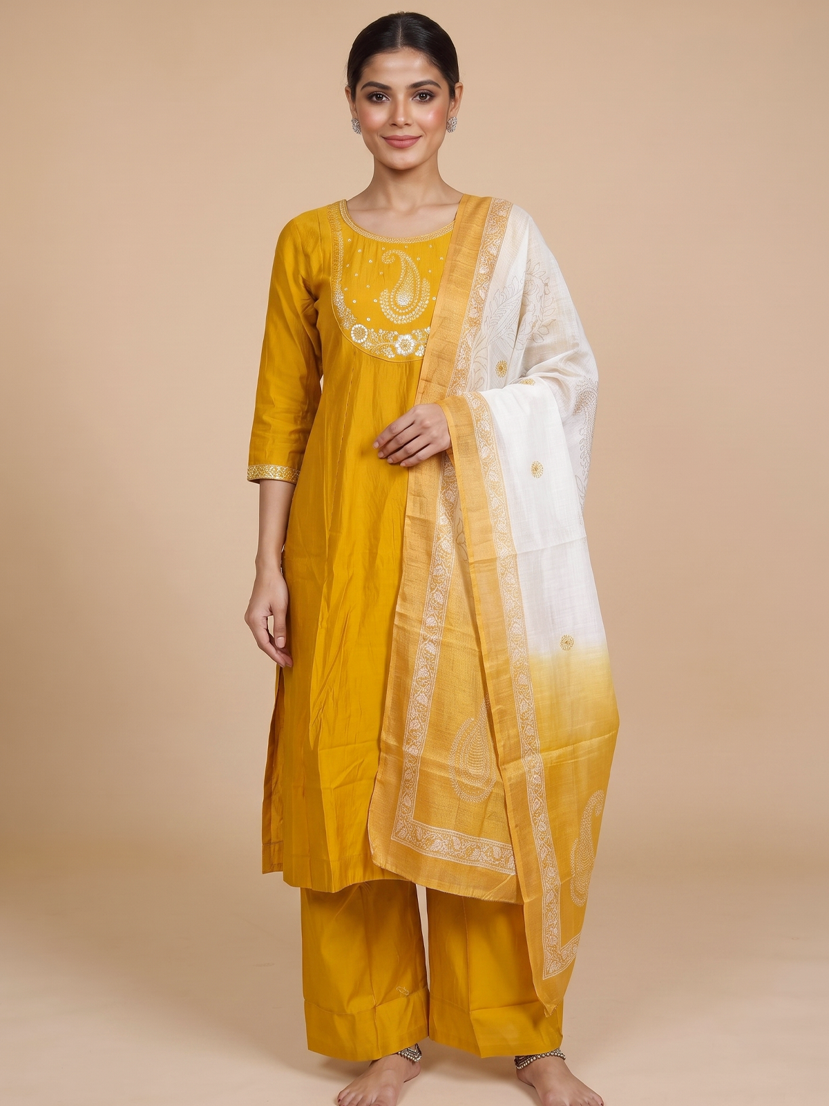 Mustard Yellow embroidered cotton kurti set with paisley yoke and cream dupatta