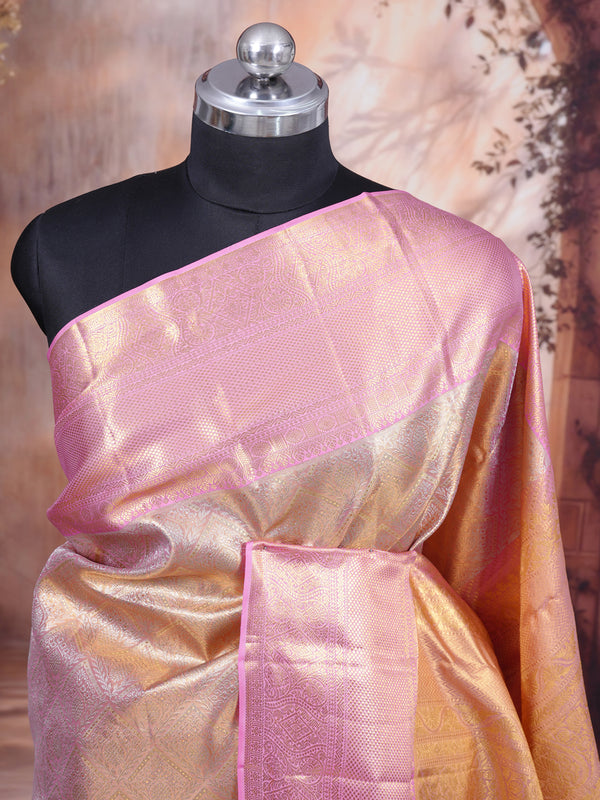 Pastel Onion Pink and Metallic Gold Kanchipuram Silk Saree
