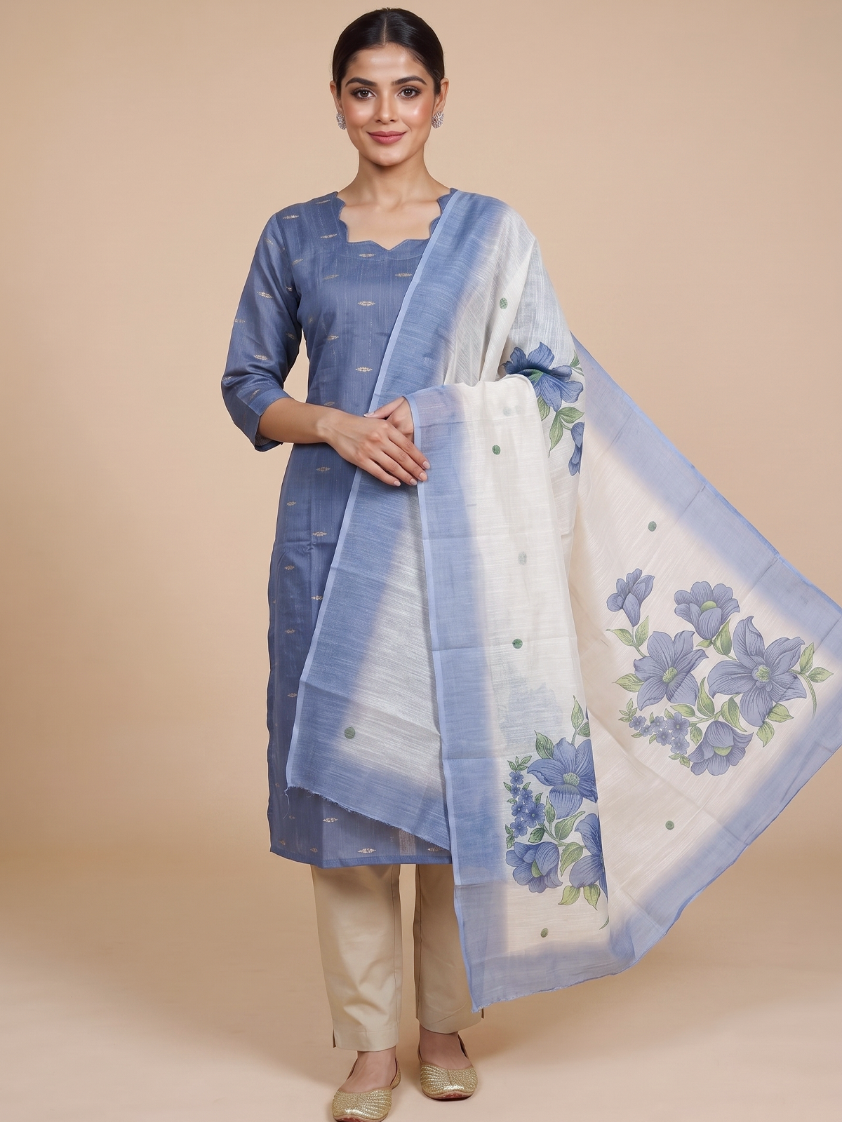 Blue-grey zari butti kurti set with cream pants and off-white floral print dupatta