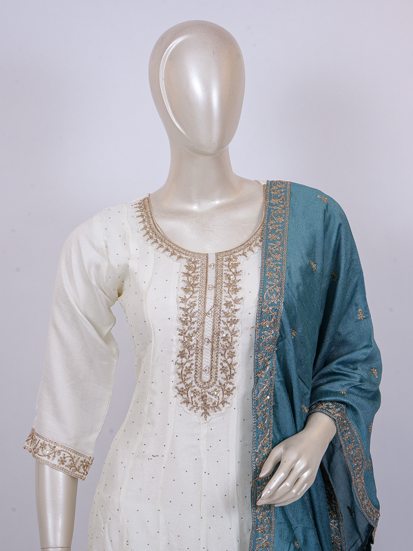 Off-White cream kurti set with gold zari embroidery and contrasting teal blue dupatta