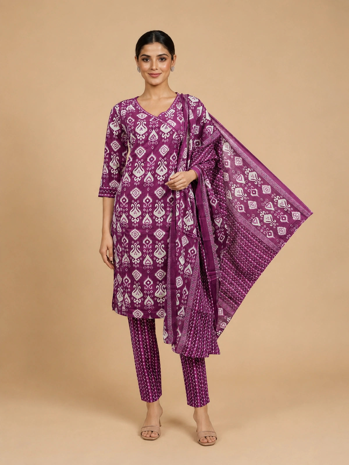 Purple and white ikat print cotton kurti set with matching pants and dupatta