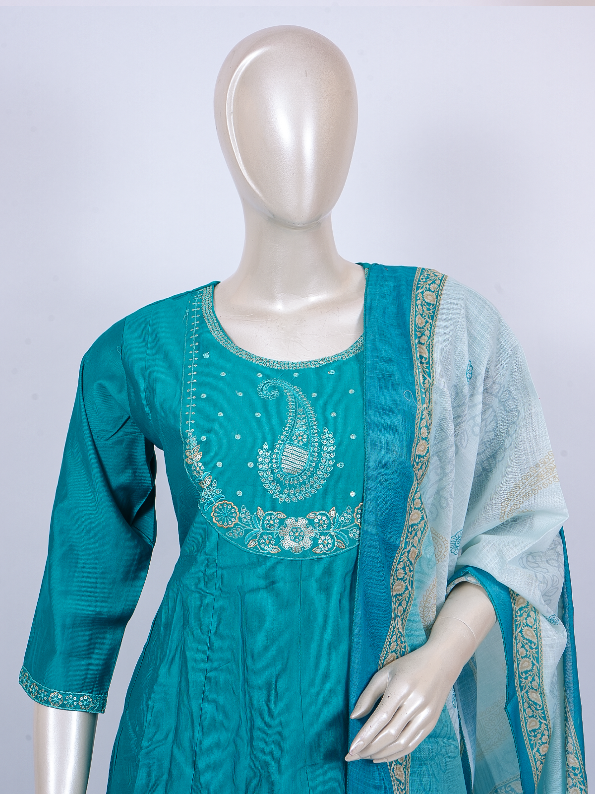 Teal blue embroidered A-line kurti set with ombre paisley dupatta and straight pants