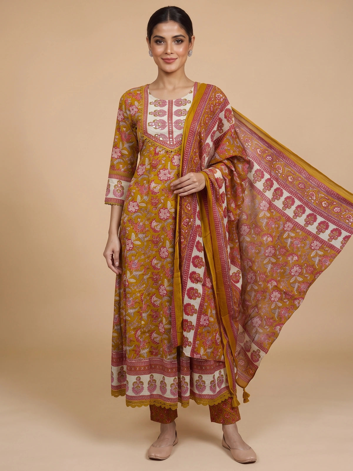 Mustard floral cotton Anarkali kurti set with mirror-work yoke, straight pants and matching printed dupatta