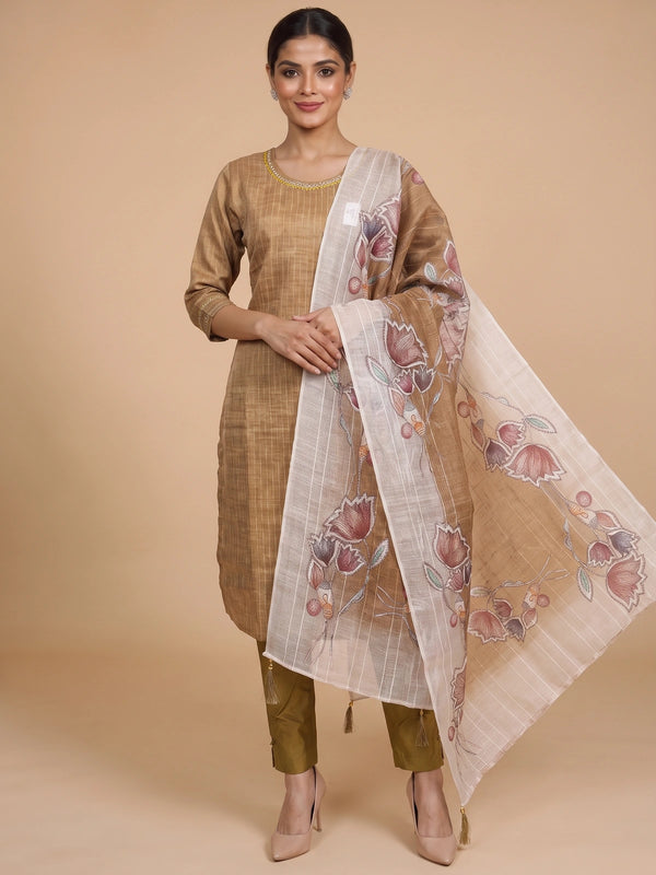 Brown textured kurti set with embellished neckline, straight pants and floral printed off-white dupatta