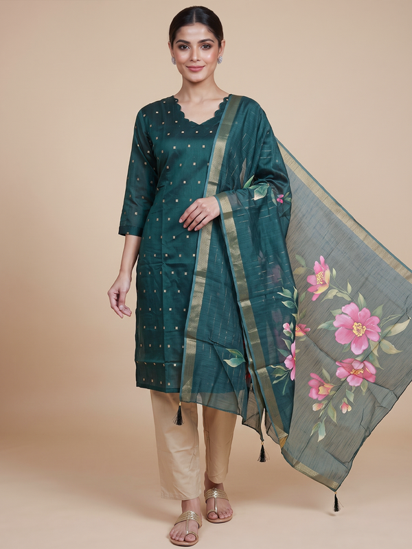 Deep green buti kurti set with beige pants and green floral printed zari-border dupatta