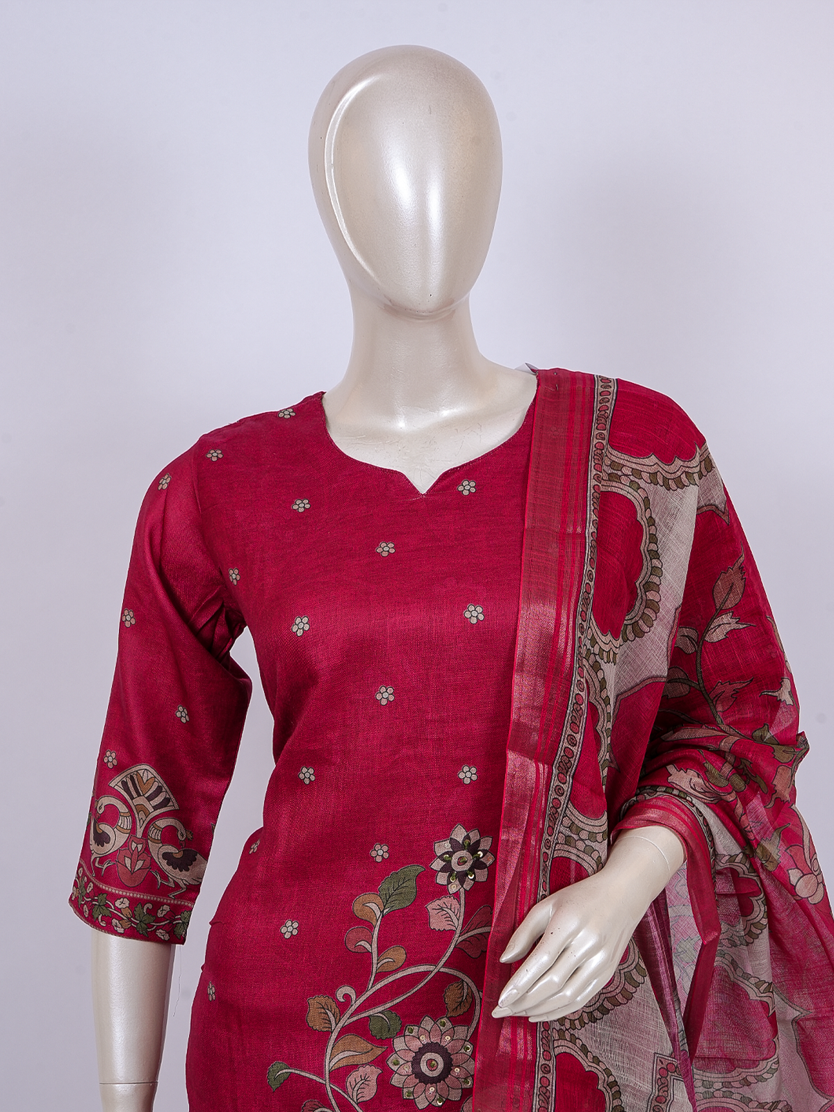 Rani pink embroidered art silk kurti set with straight pants and Kalamkari printed dupatta