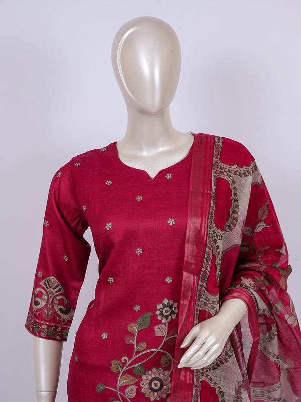 Rani pink embroidered art silk kurti set with straight pants and Kalamkari printed dupatta