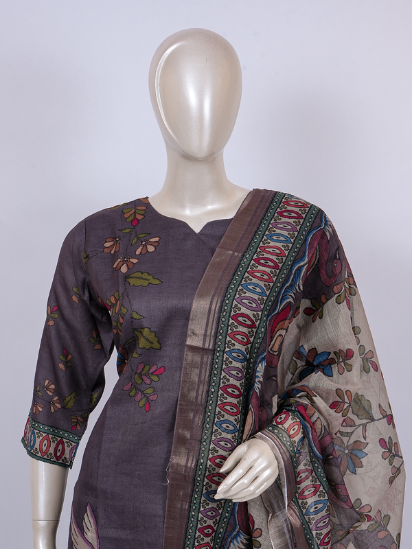Mauve Kalamkari print straight kurti set with beige peacock print contrast dupatta and matching pants