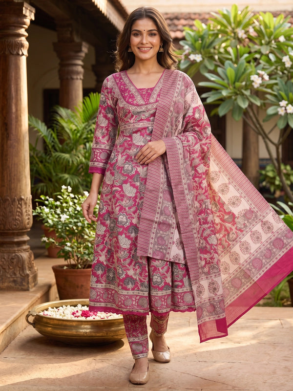 Pink floral cotton kurti set with embroidered yoke, matching pants and printed dupatta