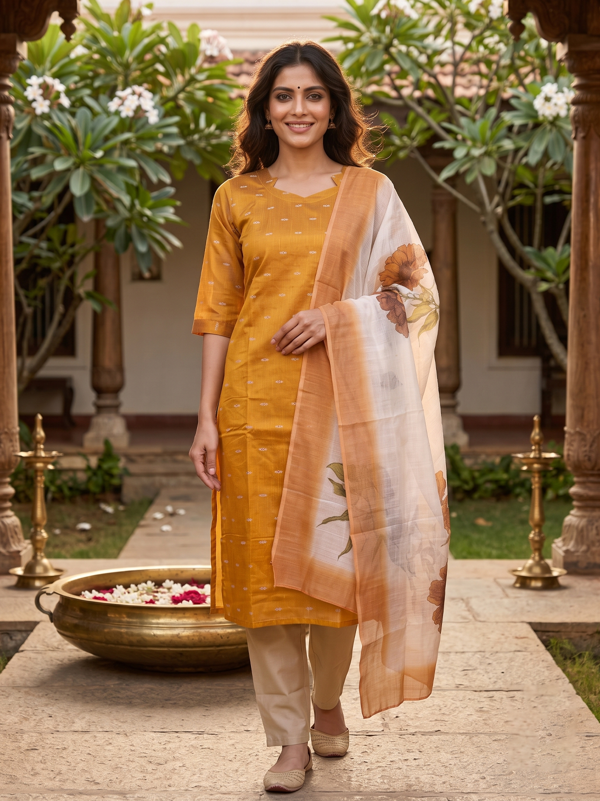 Mustard woven kurti set with beige pants and cream floral-print dupatta
