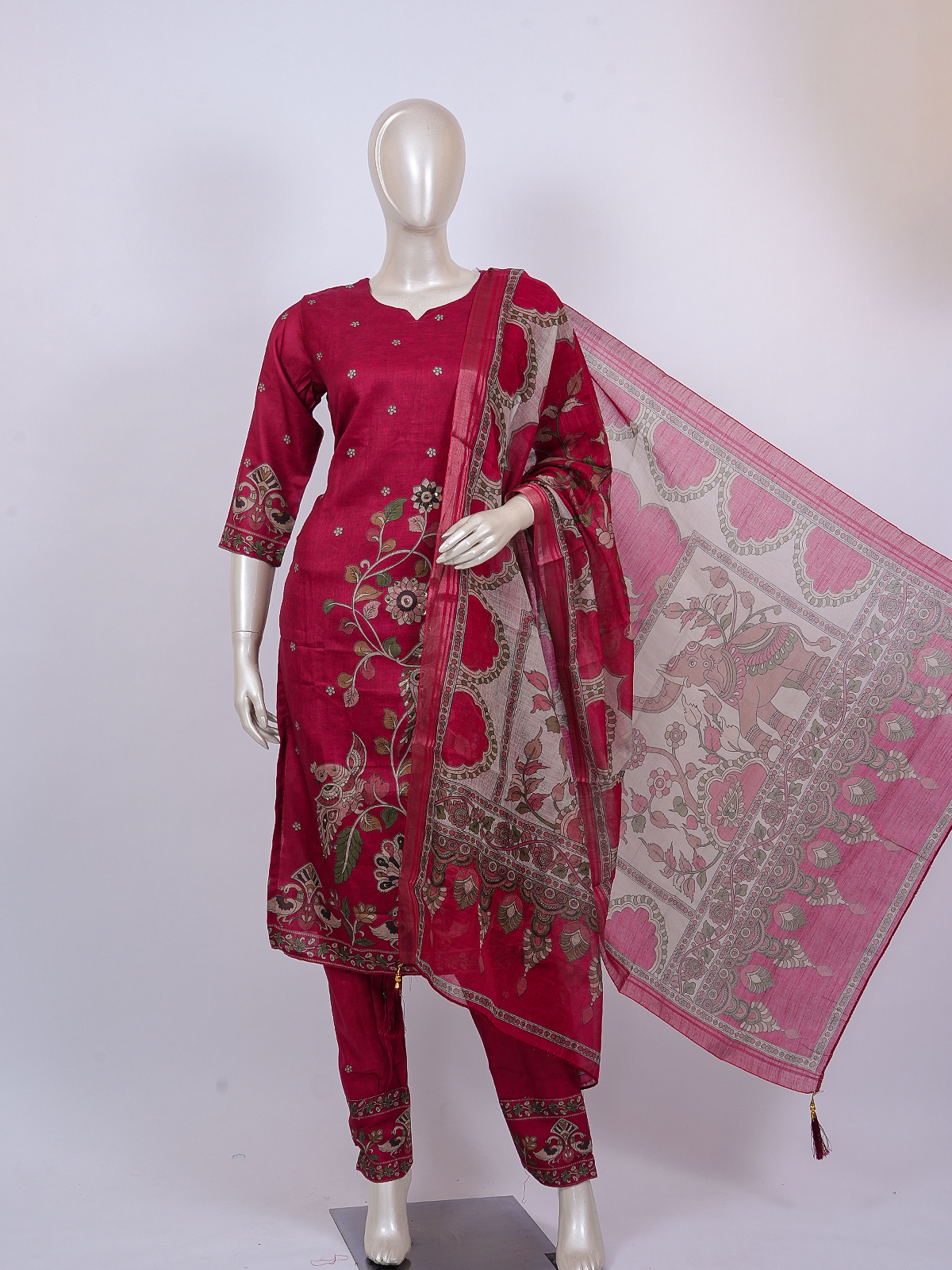 Rani pink embroidered art silk kurti set with straight pants and Kalamkari printed dupatta