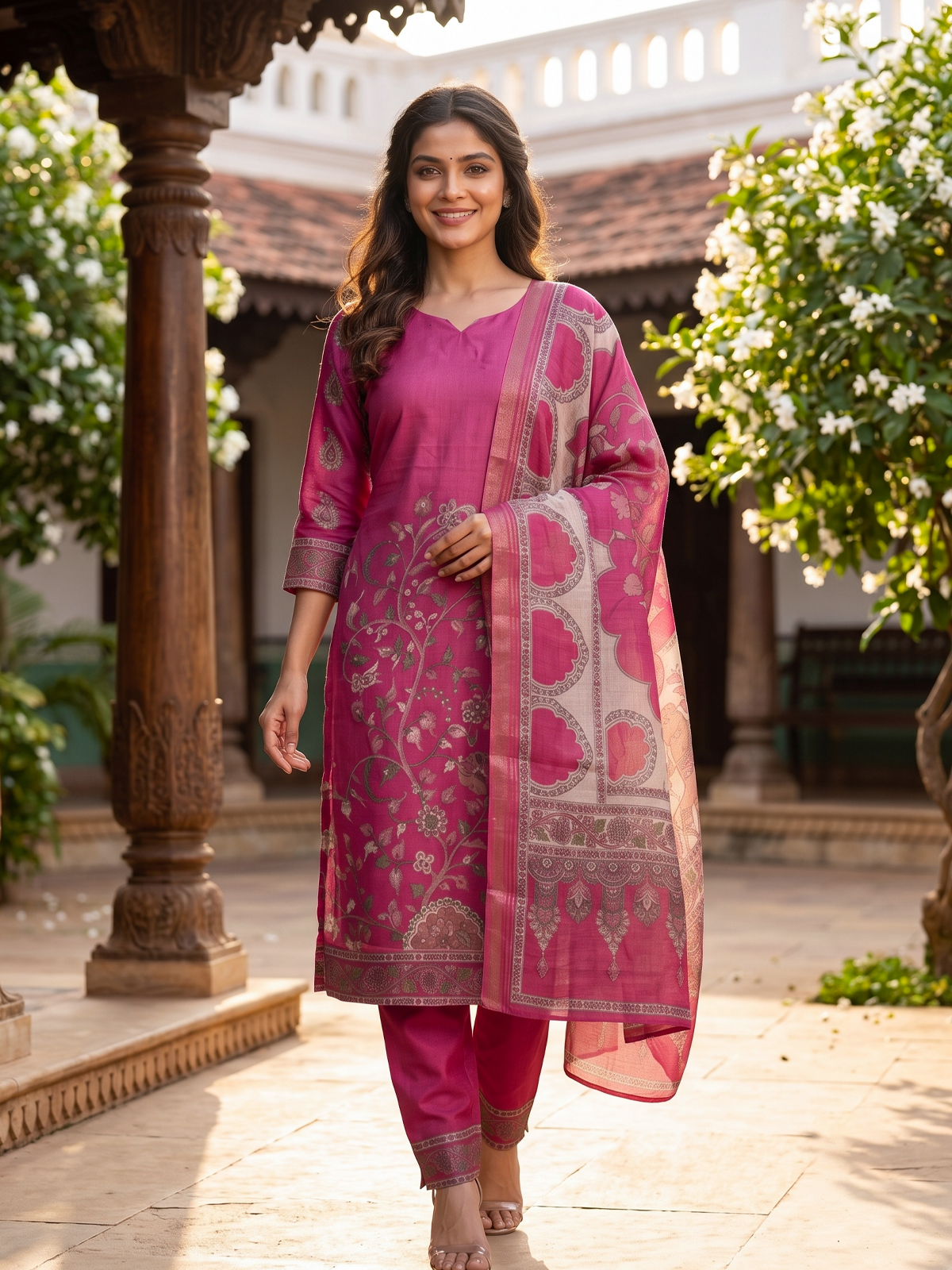 Rani Pink Kalamkari Printed Kurti Set with Dupatta