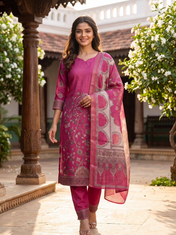 Rani Pink Kalamkari printed kurti set with straight pants and contrast printed dupatta