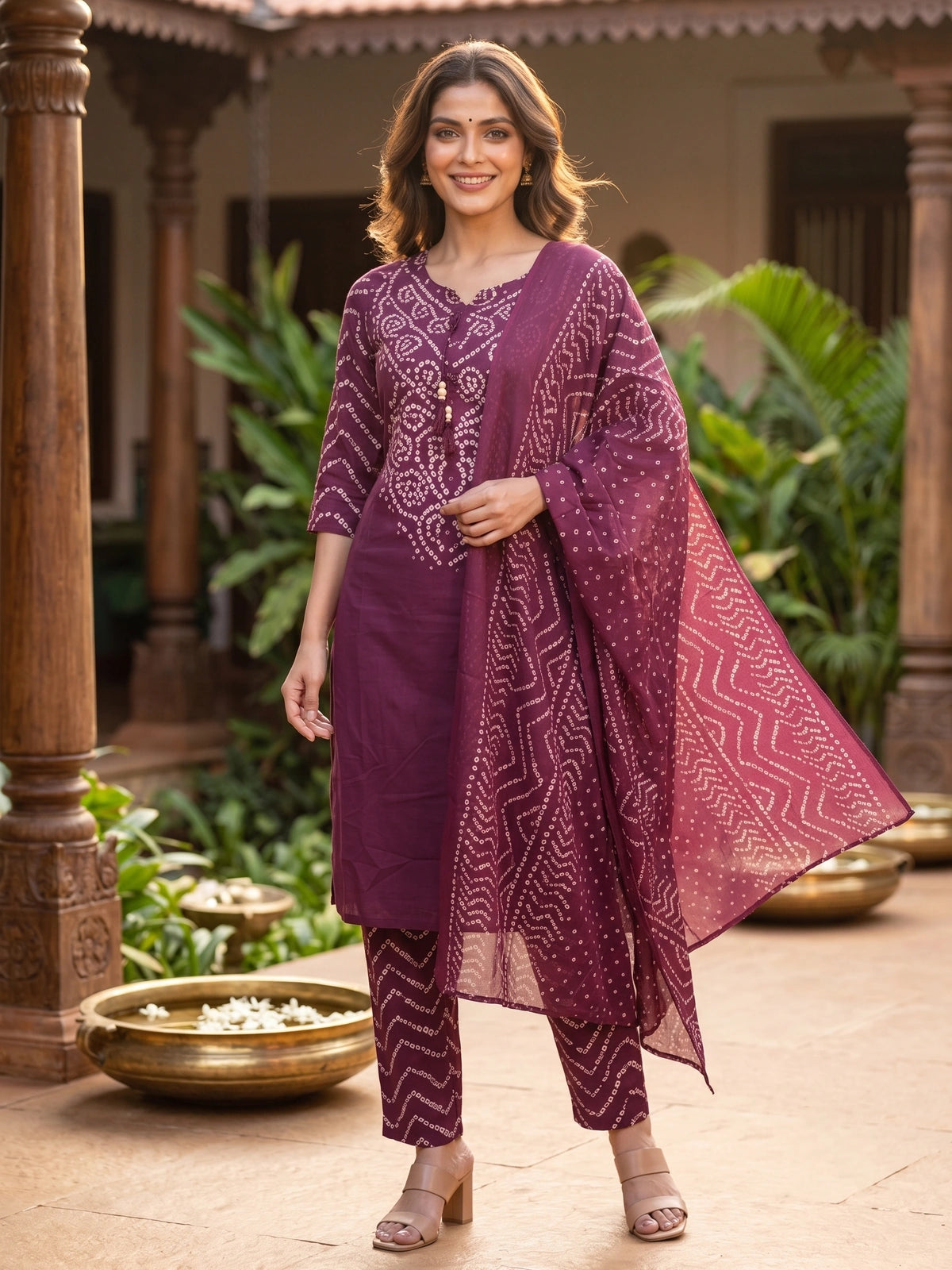 Wine Bandhani Print Cotton Kurti Set with Dupatta