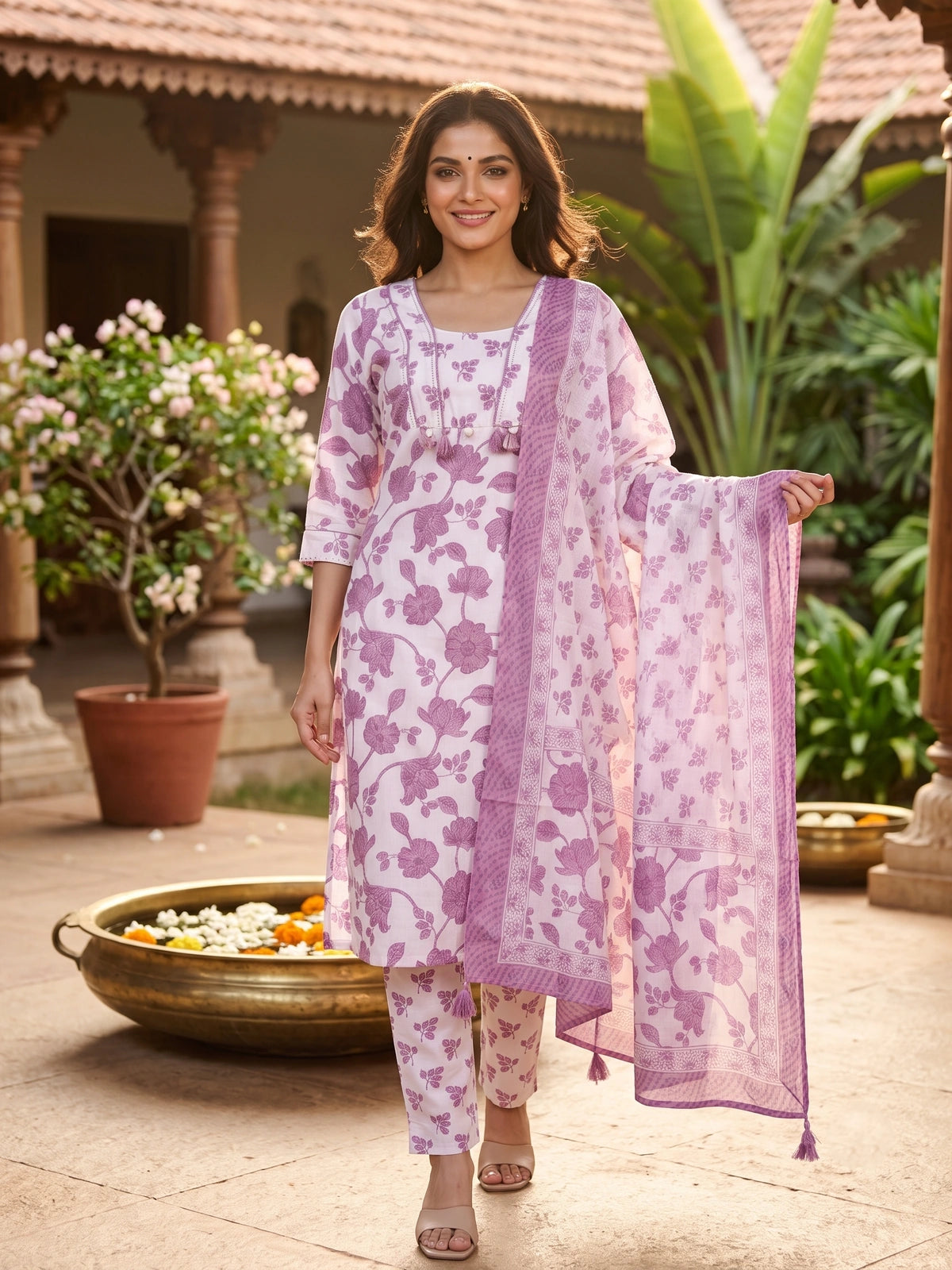 White with Mauve Floral Cotton Kurti Set with Dupatta