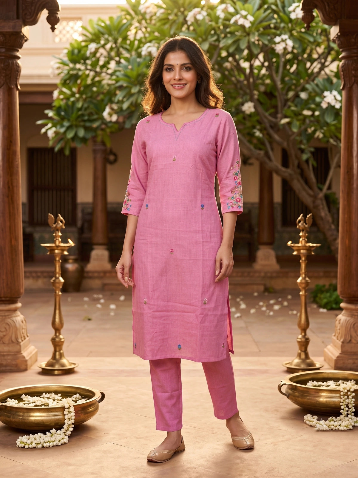 Pink Floral Embroidered Cotton Kurti Set