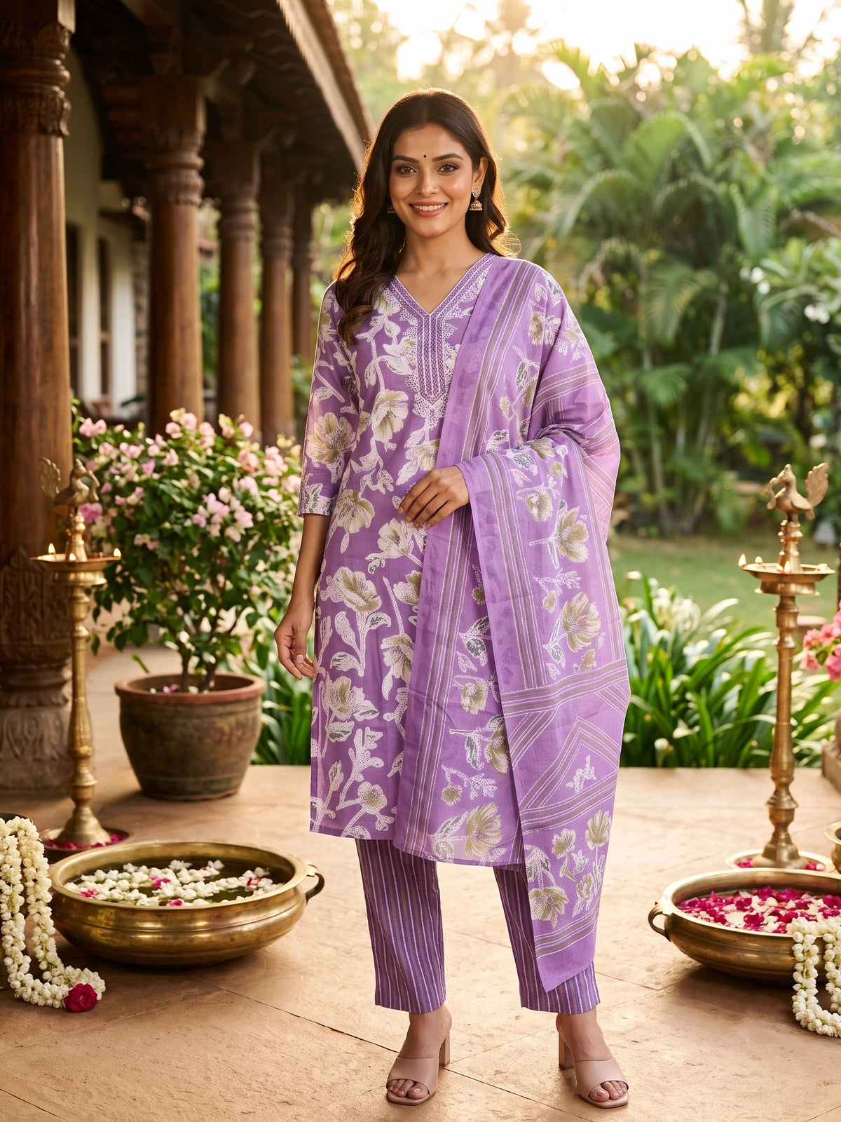 Purple Floral Cotton Kurti Set with Mirror Work