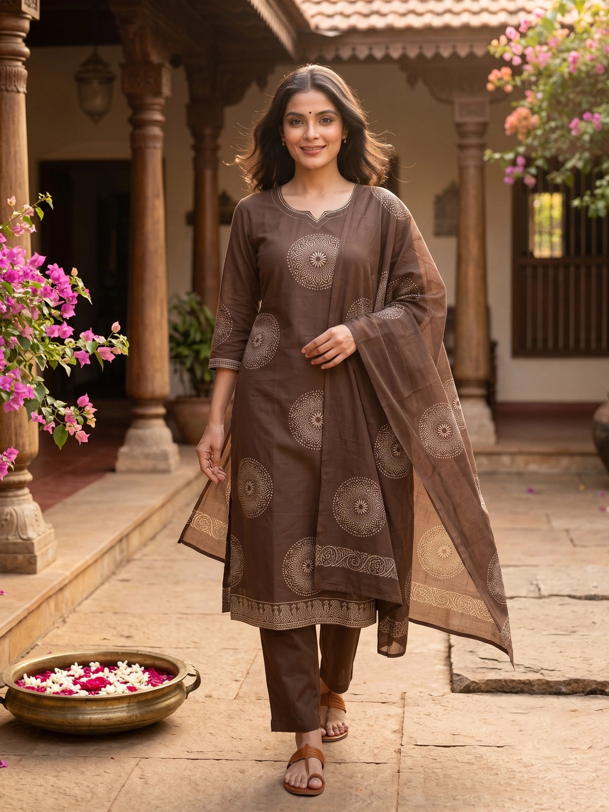 Brown Block Print Cotton Kurti Set with Dupatta