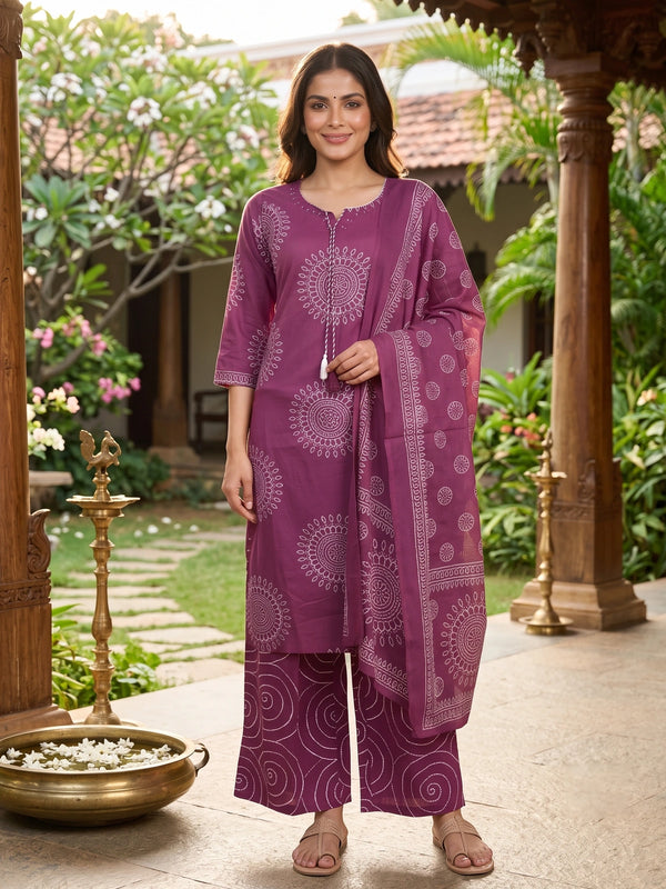 Magenta and white bandhani print cotton kurti set with straight palazzo pants and printed dupatta