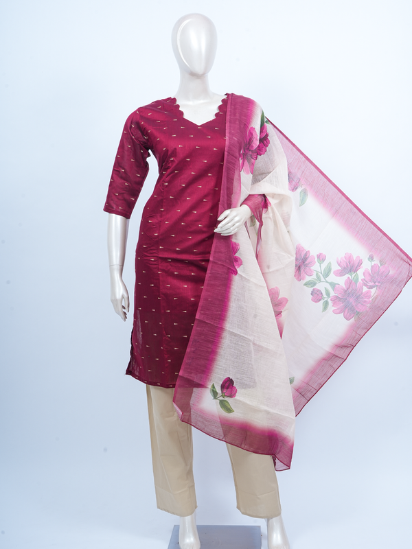 Magenta zari buti kurti set with beige pants and cream floral printed dupatta