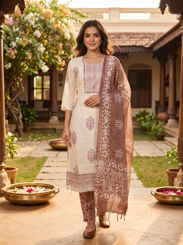 Cream schiffli cotton kurti set with brown batik-print dupatta and straight-fit pants