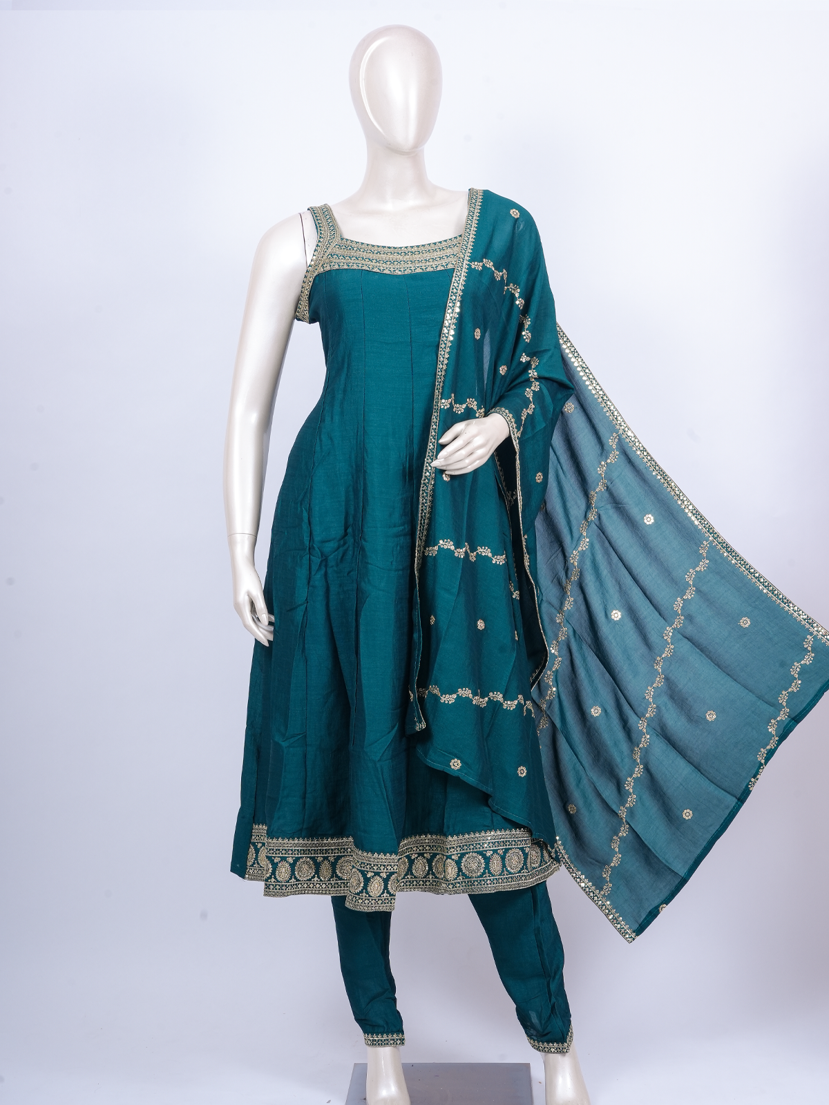 Teal embroidered art silk A-line kurti set with gold zari work and matching dupatta