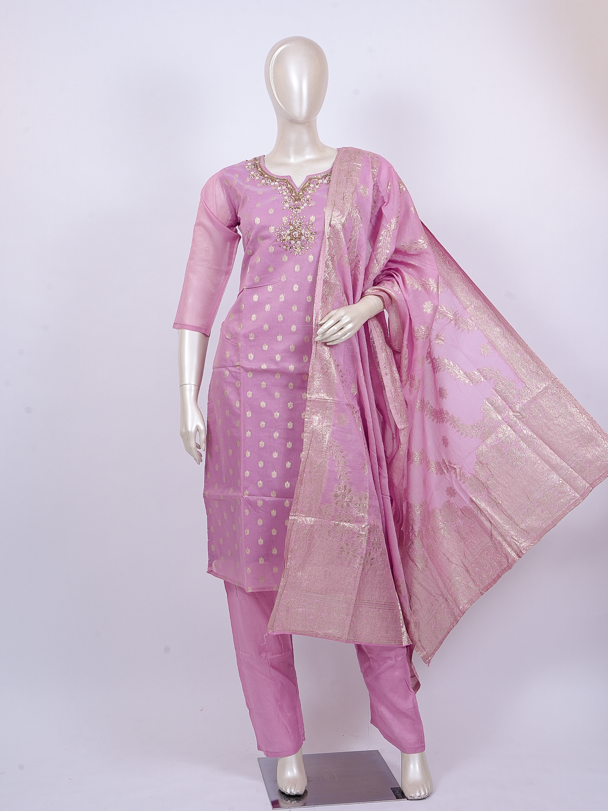 Pink zari woven kurti set with embellished neckline, straight pants and matching gold-woven dupatta
