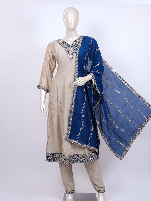 Beige straight-cut kurti set with zari embroidery and royal blue embroidered dupatta and straight pants