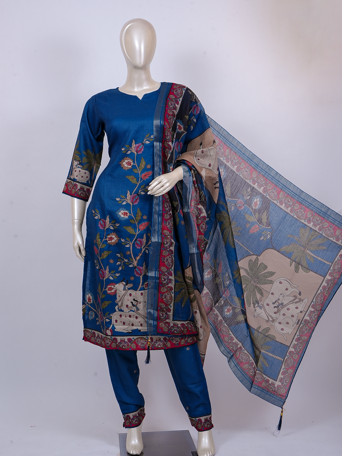 Blue Pichwai Kalamkari print ready made kurti set with pants and matching dupatta