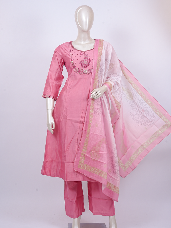 Pink embroidered cotton kurti set with paisley yoke and printed dupatta