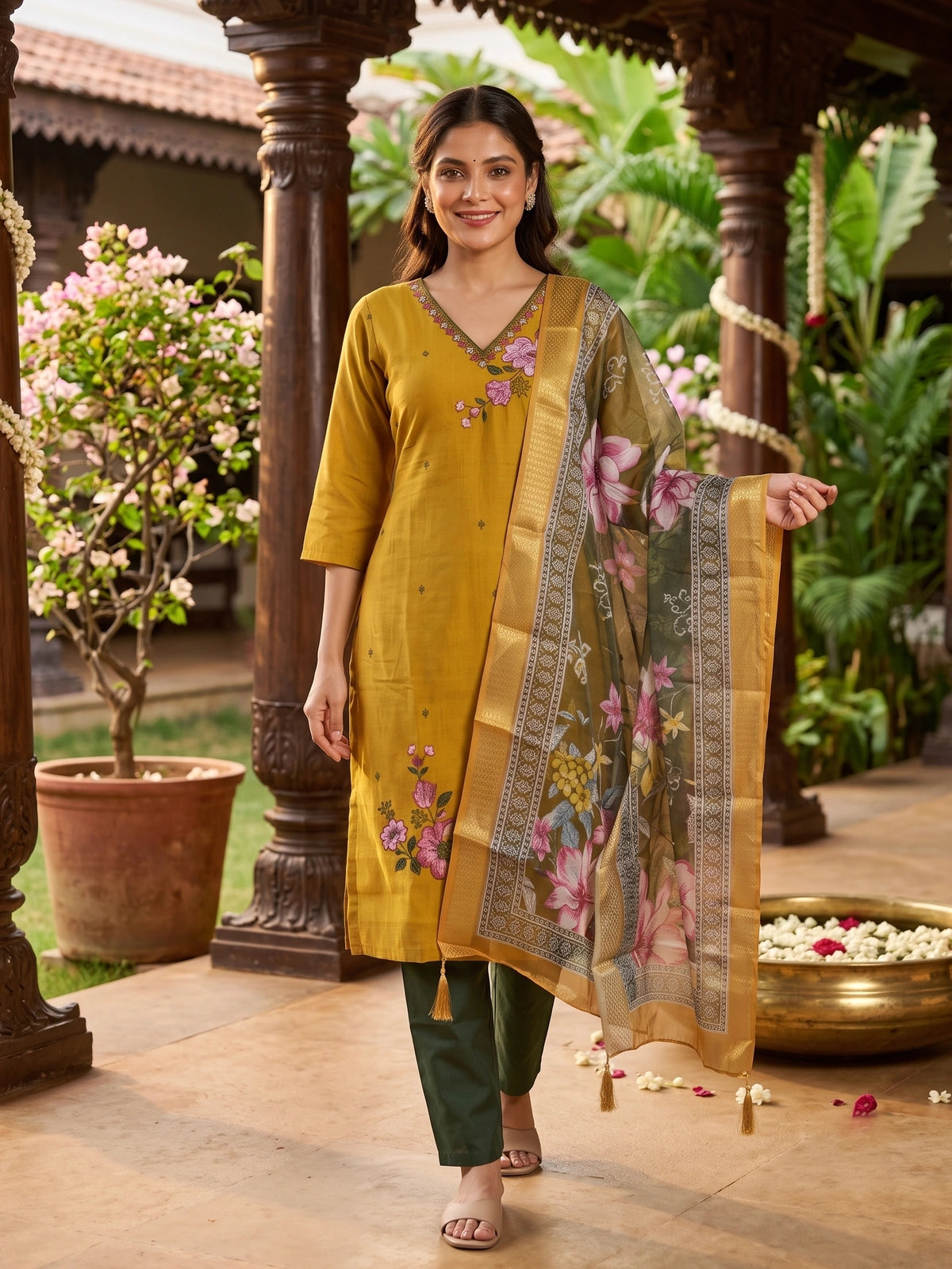 Mustard with Green Floral Dupatta Ready Made Kurti Set
