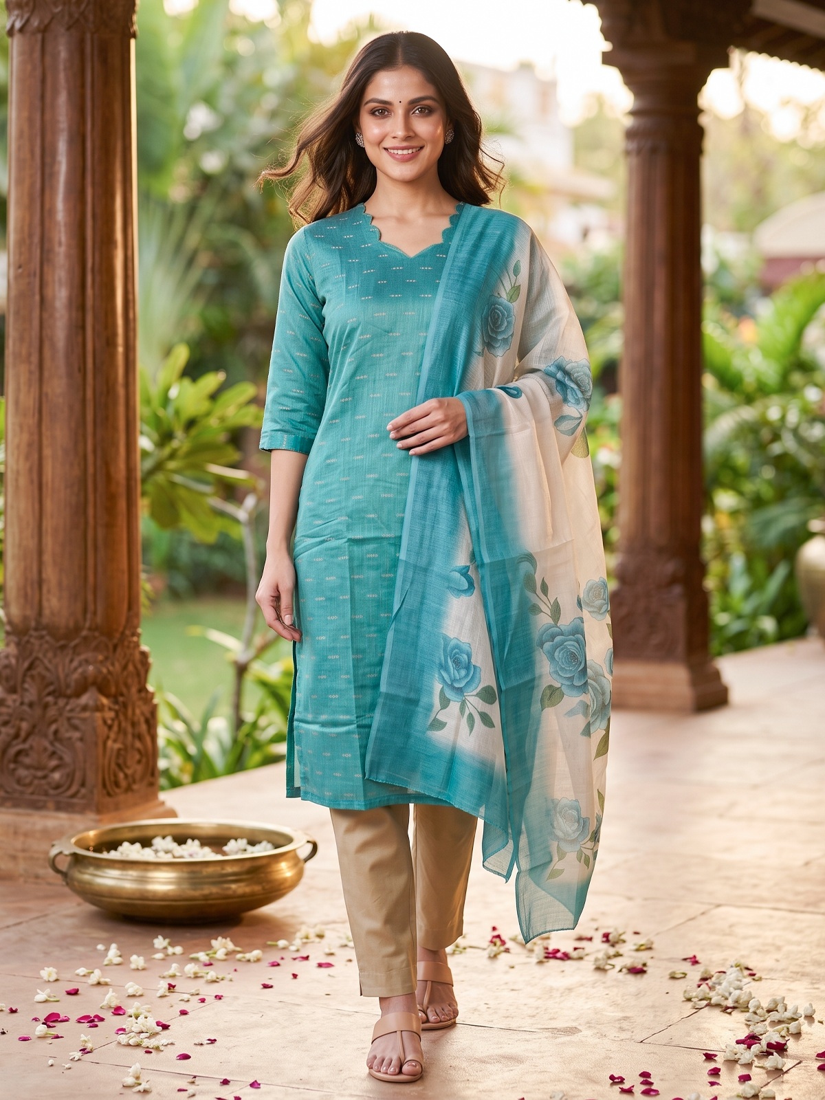 Teal with Floral Dupatta Ready Made Kurti Set