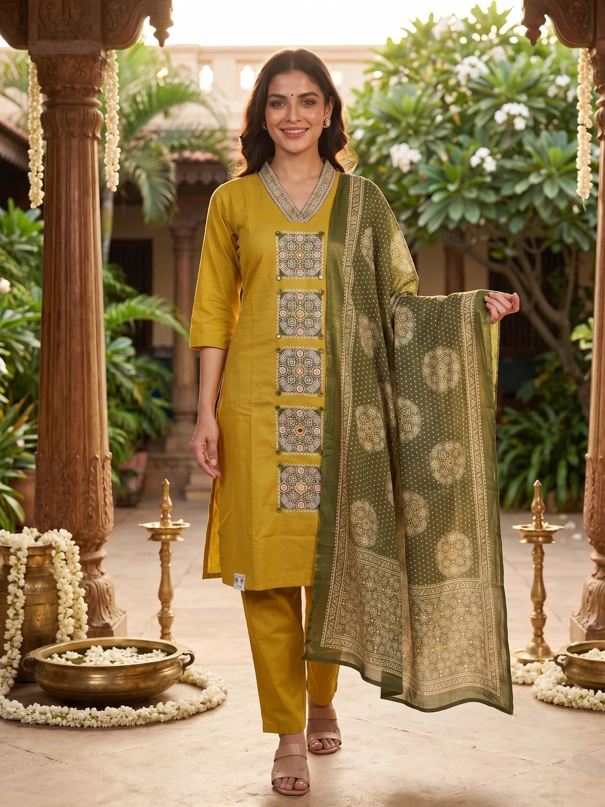 Mustard with Green Dupatta Ready Made Kurti Set