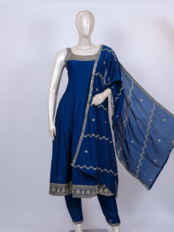 Royal Blue sleeveless A-line kurti set with gold Zari embroidery and matching dupatta