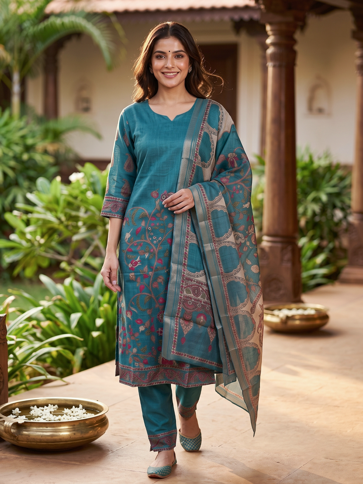 Teal blue Kalamkari print art silk kurti set with matching pants and printed dupatta
